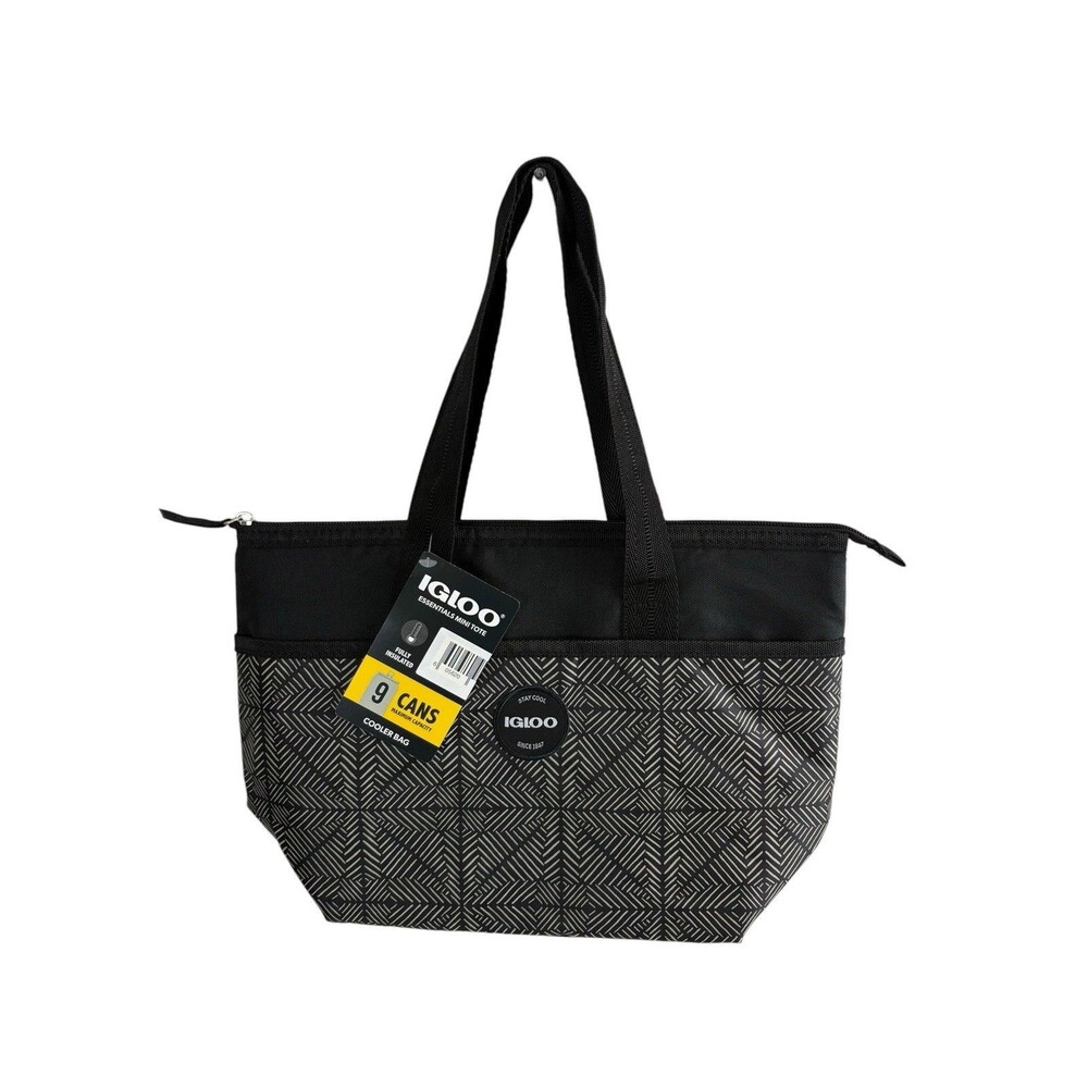 Igloo Mini Essential Tote Cooler Bag 9 Can Insulated Lunch Black Geometric NEW